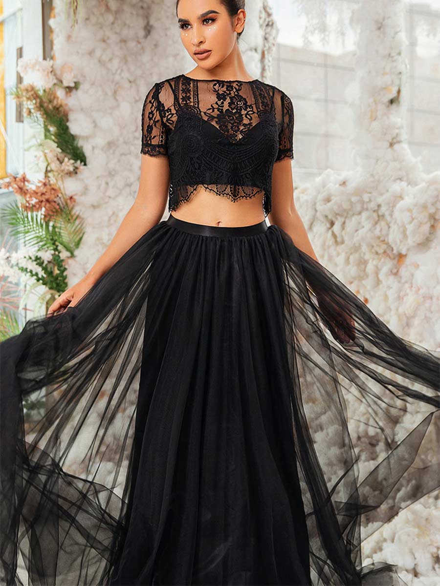 Black Two Piece Wedding Dress A-line Short Sleeve Black / US:10-12 Black Two Piece Wedding Dress A-line Short Sleeve Black / US:10-12