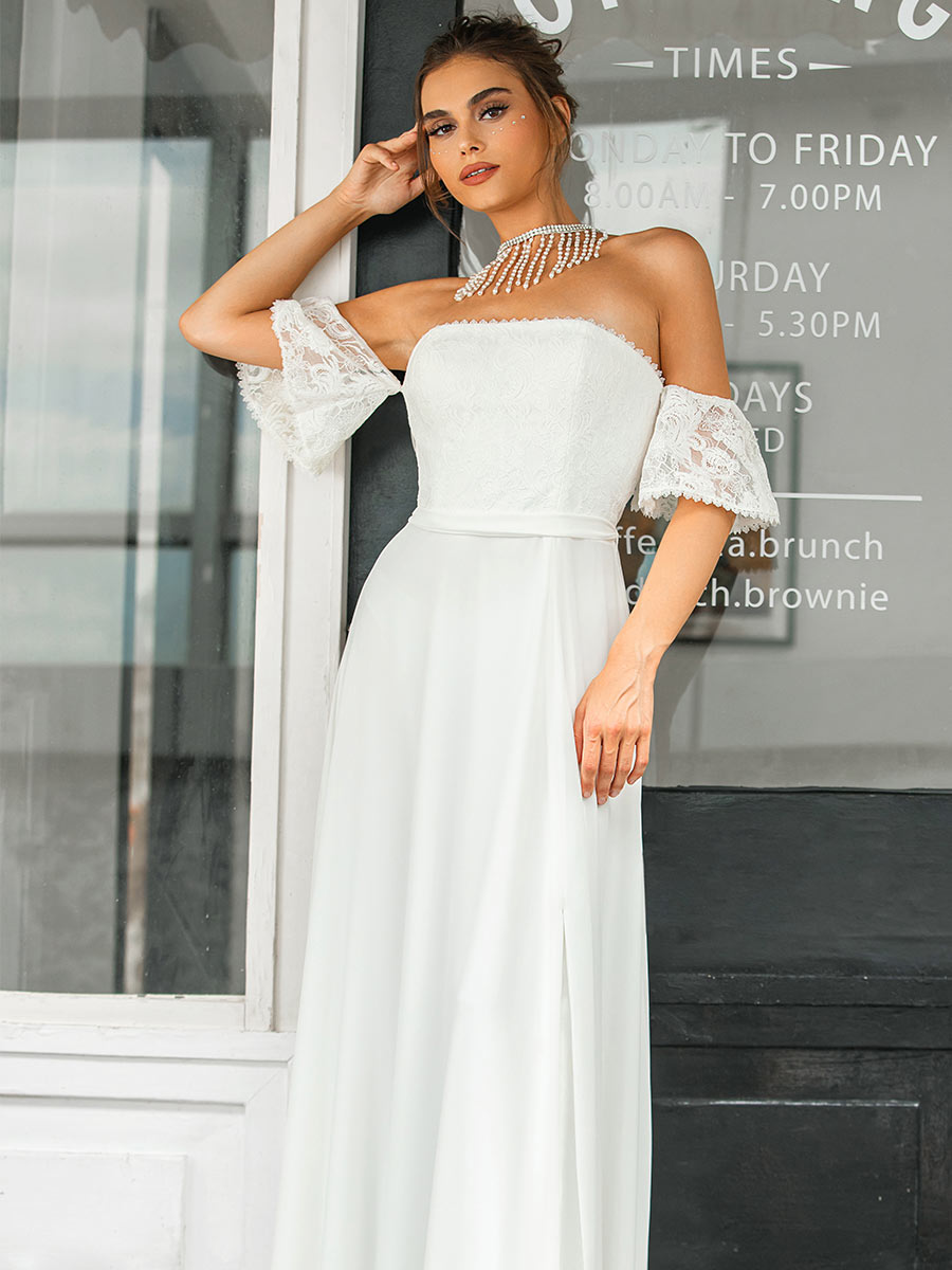 A Line Chiffon Strapless Wedding Dress Straight Neck Slit