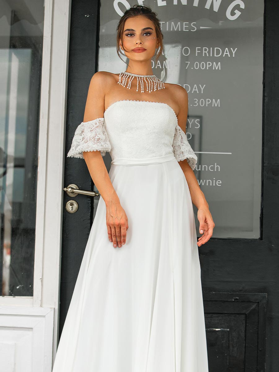 A Line Chiffon Strapless Wedding Dress Straight Neck Slit White / US:10-12 A Line Chiffon Strapless Wedding Dress Straight Neck Slit White / US:10-12