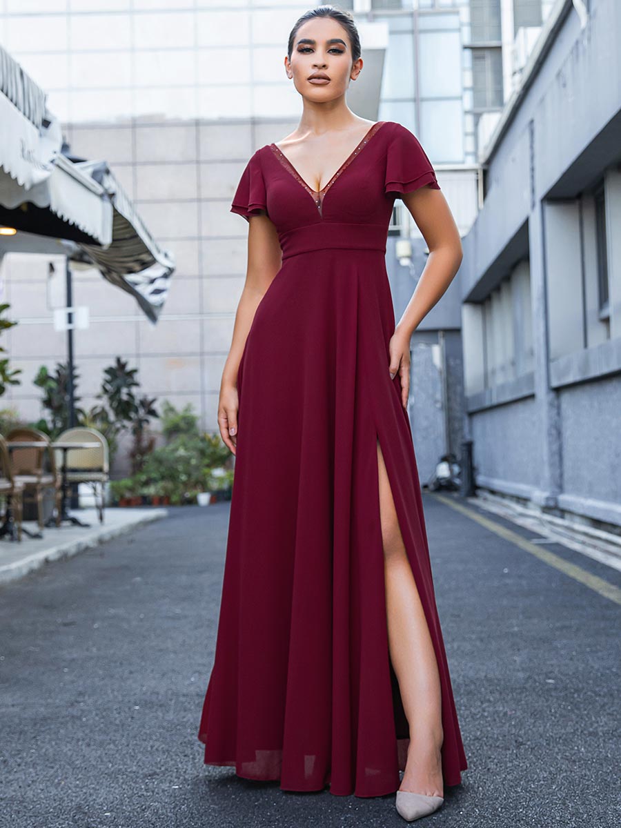 2025 Wine V-Neck Burgundy Chiffon Bridesmaid Dresses Burgundy / 14 2025 Wine V-Neck Burgundy Chiffon Bridesmaid Dresses Burgundy / 14
