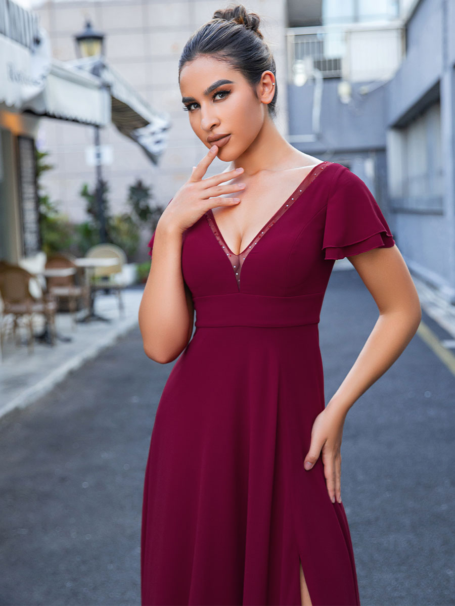 2025 Wine V-Neck Burgundy Chiffon Bridesmaid Dresses Burgundy / 14 2025 Wine V-Neck Burgundy Chiffon Bridesmaid Dresses Burgundy / 14