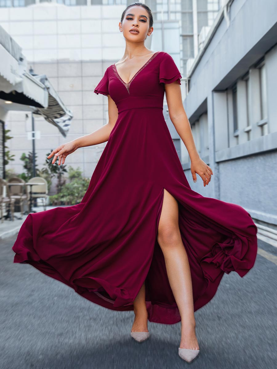 2025 Wine V-Neck Burgundy Chiffon Bridesmaid Dresses Burgundy / 14 2025 Wine V-Neck Burgundy Chiffon Bridesmaid Dresses Burgundy / 14