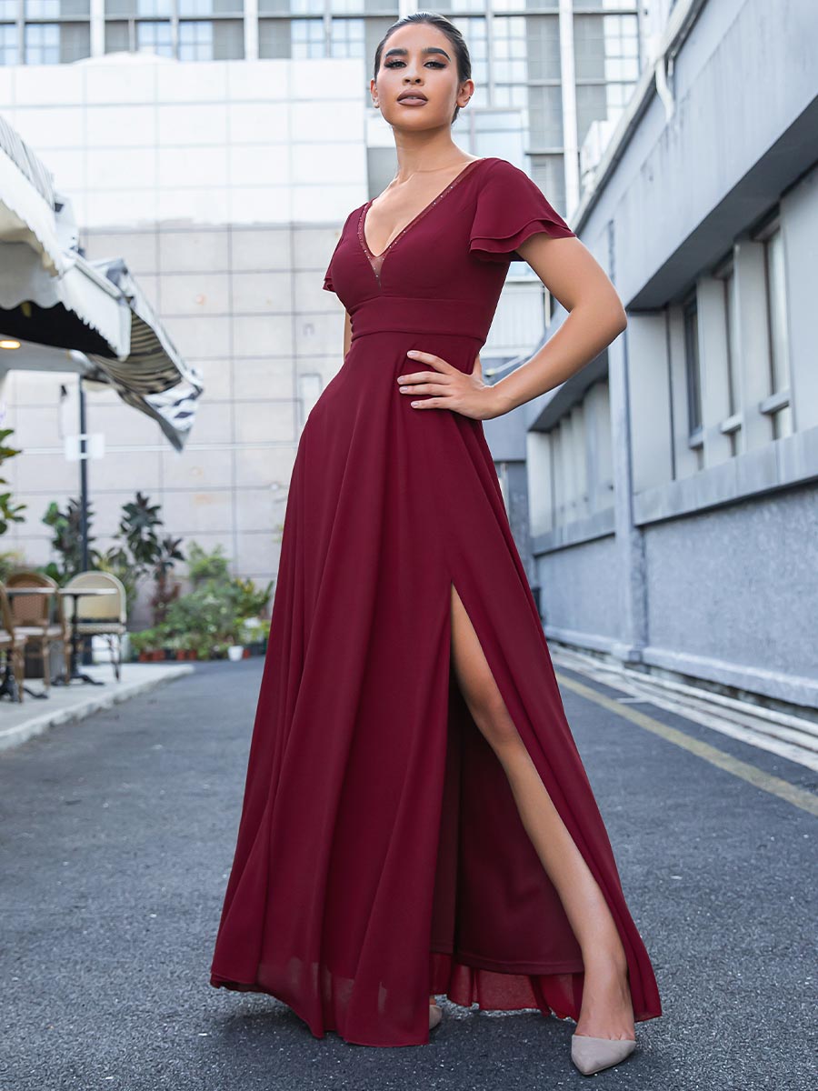 2025 Wine V-Neck Burgundy Chiffon Bridesmaid Dresses Burgundy / 14 2025 Wine V-Neck Burgundy Chiffon Bridesmaid Dresses Burgundy / 14