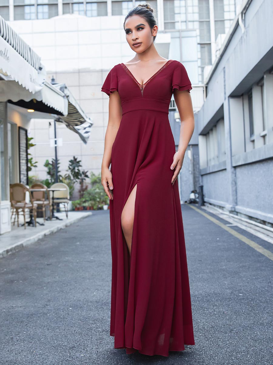 2025 Wine V-Neck Burgundy Chiffon Bridesmaid Dresses Burgundy / 14 2025 Wine V-Neck Burgundy Chiffon Bridesmaid Dresses Burgundy / 14
