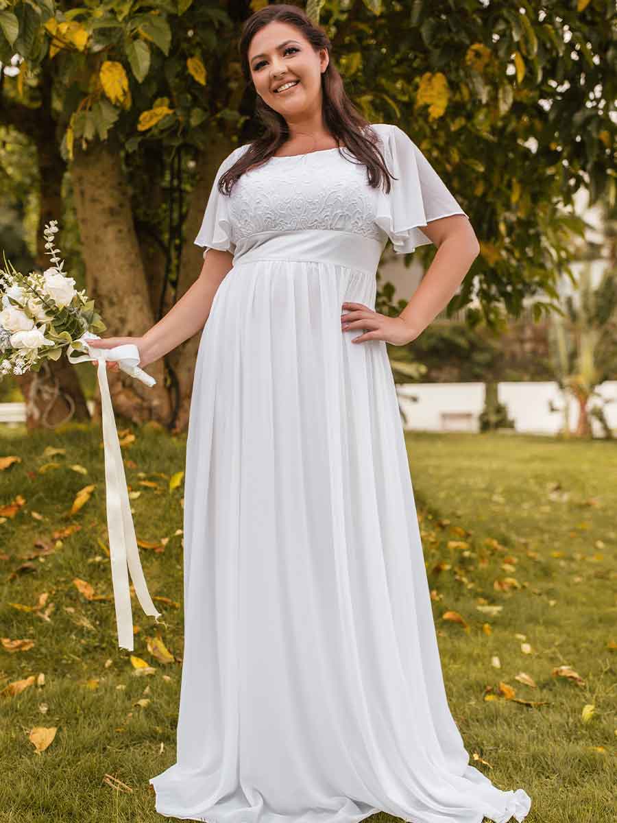 Plus Size Flutter Sleeve Wedding Dresses Chiffon A-line White / US:16-18