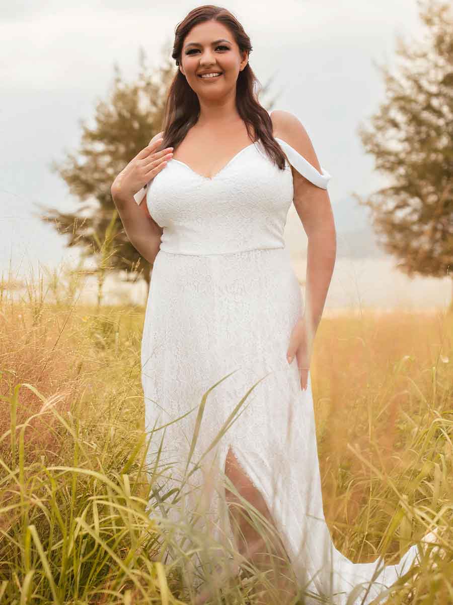 Plus-Size Lace A-Line Country Wedding Dress, Off-Shoulder Straps