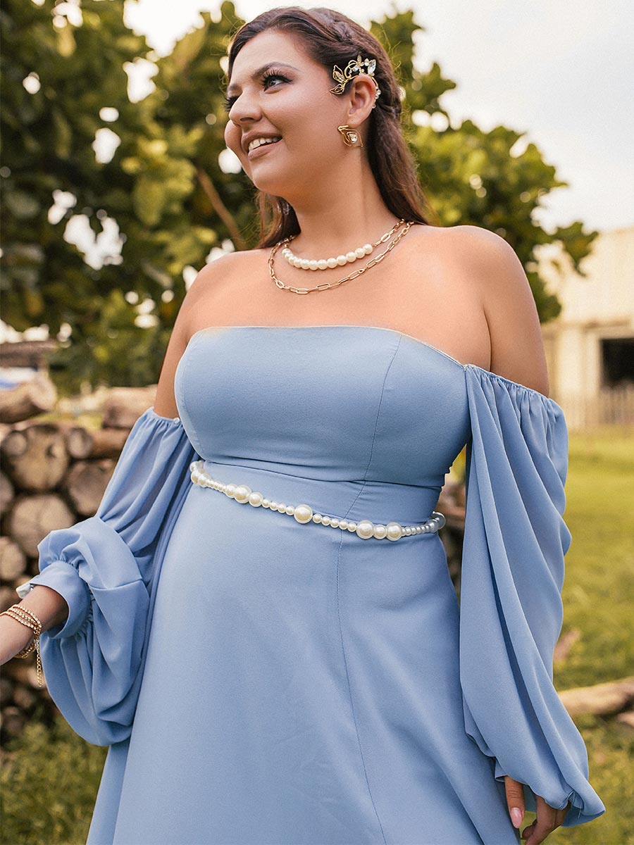 Plus Size Beach Wedding Guest Dresses Detachable Puffy Sleeves Blue / US:14-16 Plus Size Beach Wedding Guest Dresses Detachable Puffy Sleeves Blue / US:14-16