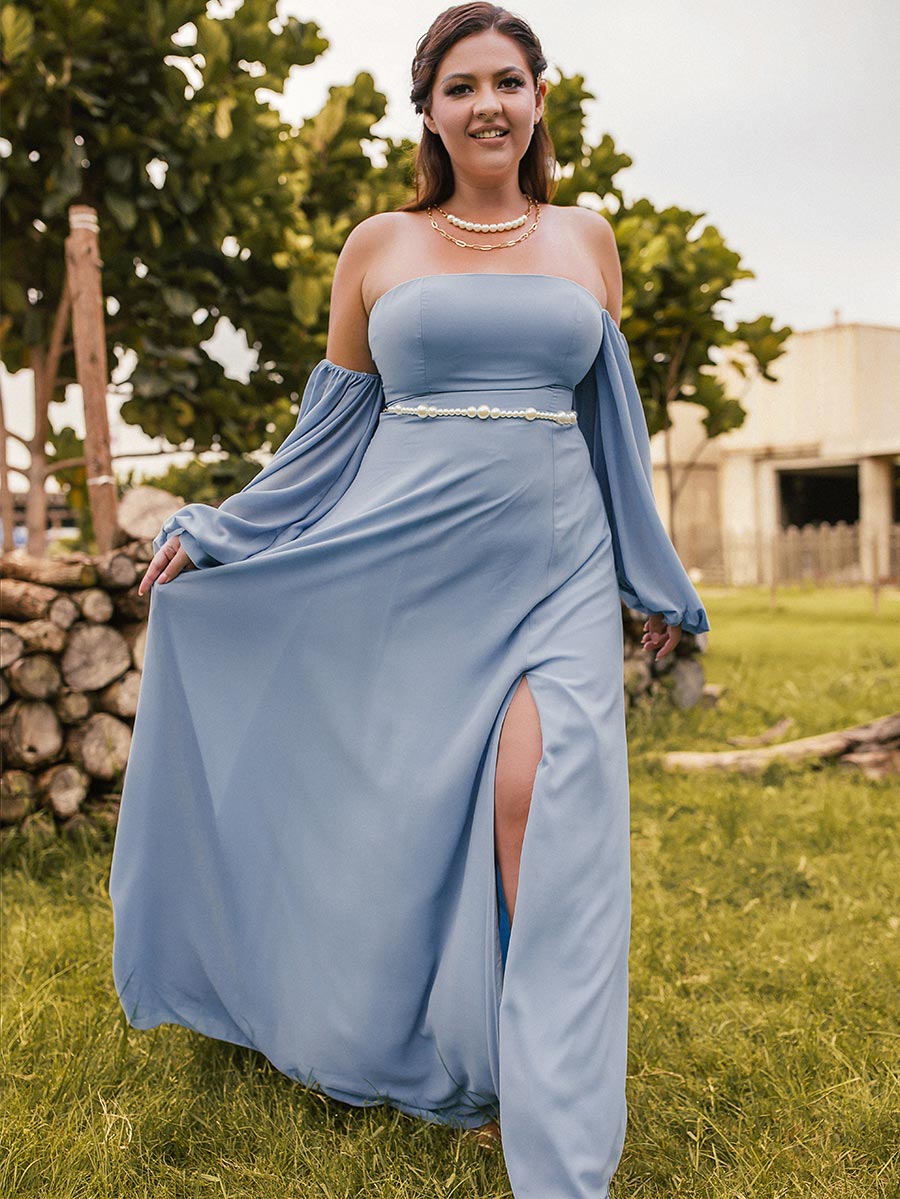 Plus Size Beach Wedding Guest Dresses Detachable Puffy Sleeves Blue / US:14-16 Plus Size Beach Wedding Guest Dresses Detachable Puffy Sleeves Blue / US:14-16