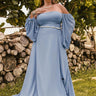 Plus Size Blue Strapless Bishop Sleeve Plunge Slit Bridesmaid Dresses