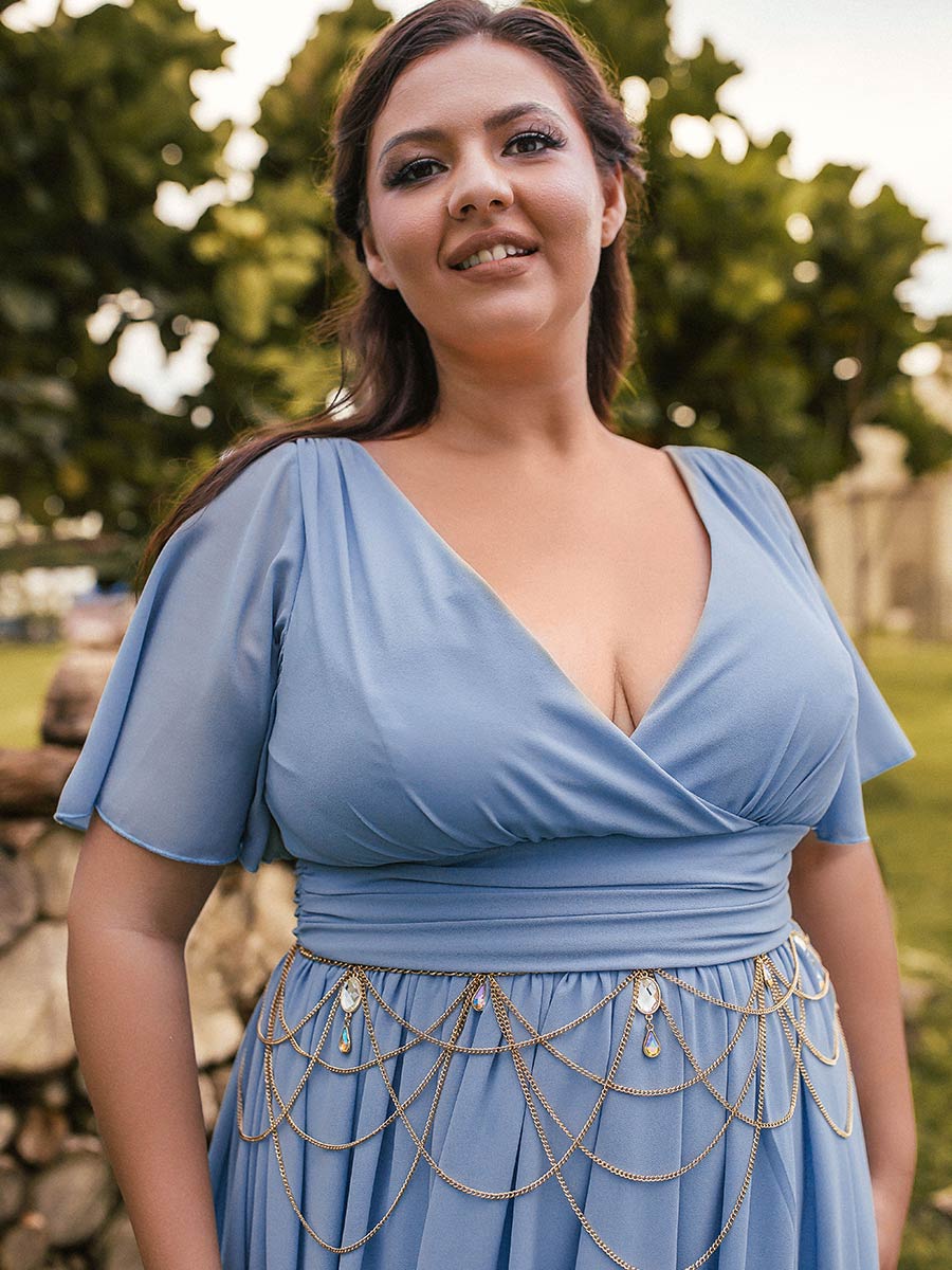 2025 Steel Blue Bridesmaid Dresses Plus Size Flutter Sleeve V Neck Steel Blue / Customization / No Waist Chain 2025 Steel Blue Bridesmaid Dresses Plus Size Flutter Sleeve V Neck Steel Blue / Customization / No Waist Chain