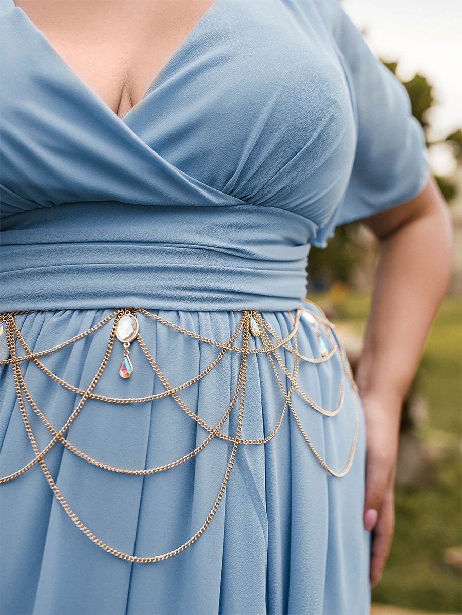 2025 Steel Blue Bridesmaid Dresses Plus Size Flutter Sleeve V Neck Steel Blue / Customization / No Waist Chain 2025 Steel Blue Bridesmaid Dresses Plus Size Flutter Sleeve V Neck Steel Blue / Customization / No Waist Chain