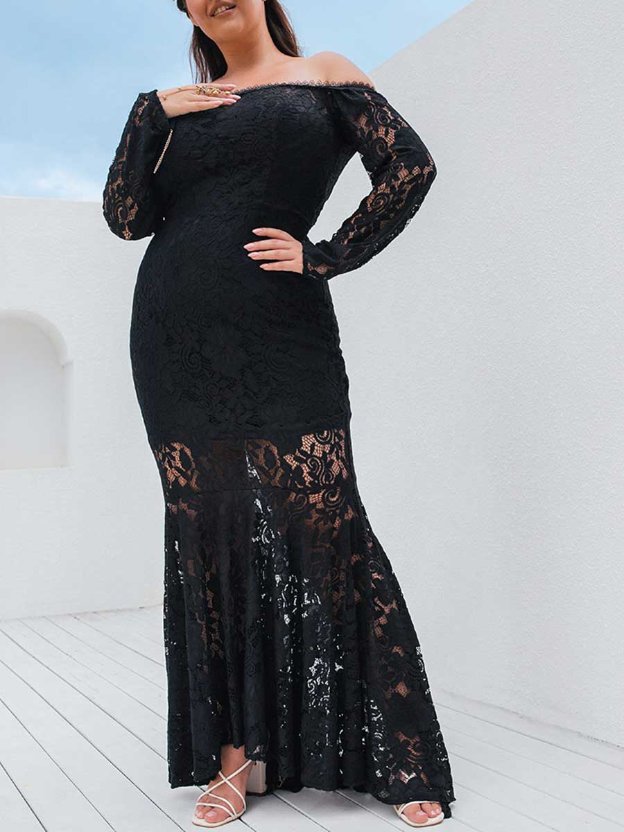 Plus Size Brautkleider im Meerjungfrau-Stil mit schwarzer Spitze und langen Ärmeln im rustikalen Stil