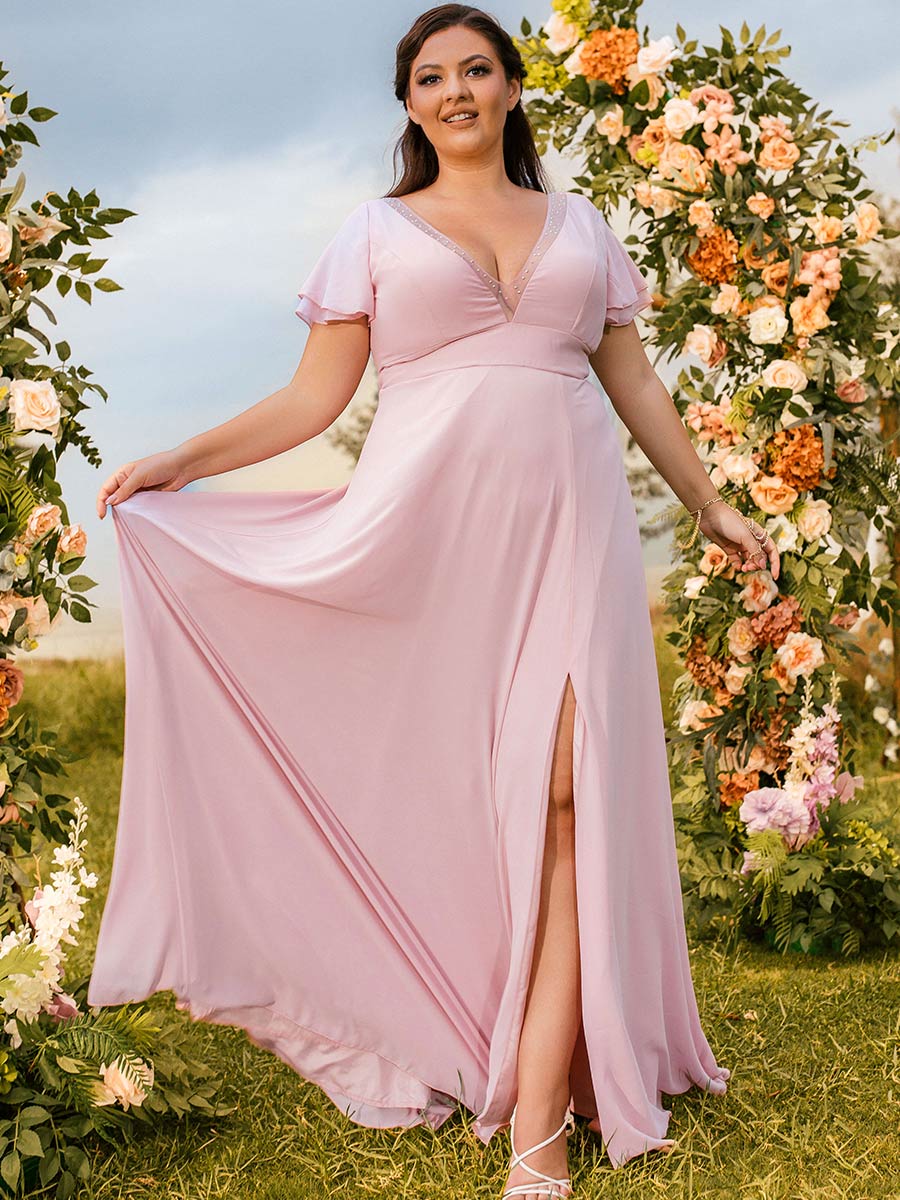 Plus Size Pink Bridesmaid Dresses V Neck Flutter Sleeves Pink / US:14-16 Plus Size Pink Bridesmaid Dresses V Neck Flutter Sleeves Pink / US:14-16