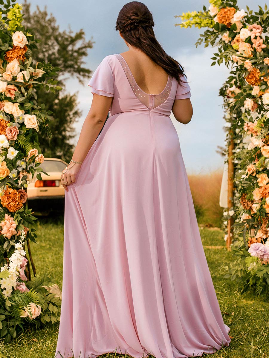 Plus Size Pink Bridesmaid Dresses V Neck Flutter Sleeves Pink / US:14-16 Plus Size Pink Bridesmaid Dresses V Neck Flutter Sleeves Pink / US:14-16