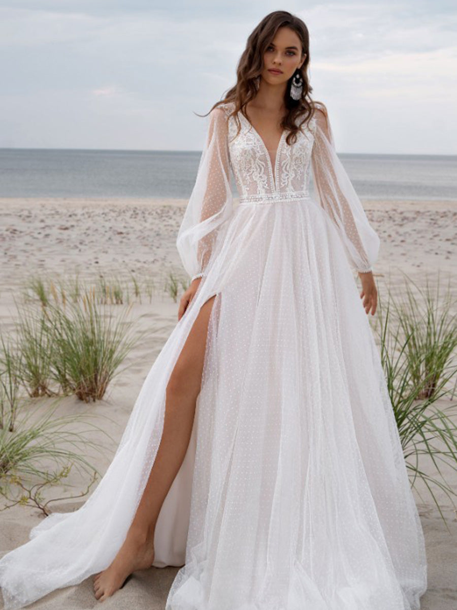 boho wedding dress with puff sleeves Style_66362 radiates boho charm with allover cotton lace, playful puff sleeves, and delicate lace trim details, perfect for the free-spirited romantic #LillianWest #LillianBride #weddinginspiration #bohobride #elopementbride #alternativebride