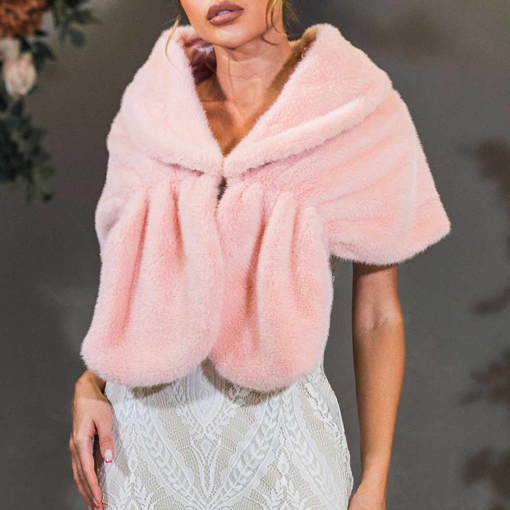 Rosafarbener Schal aus Kunstfell für volles Winter-Shrug-Wickel-Hochzeitszubehör