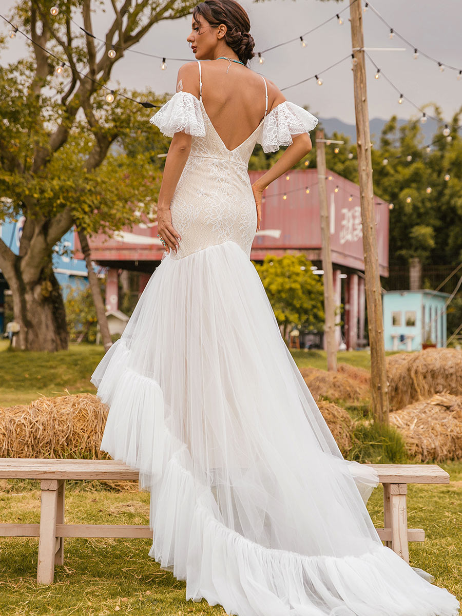 Rustic Mermaid Tulle Flutter Sleeves Wedding Dresses