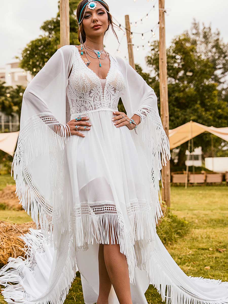 Boho High low Country Wedding Dresses V-neck A line Fringe White / Customized Boho High low Country Wedding Dresses V-neck A line Fringe White / Customized