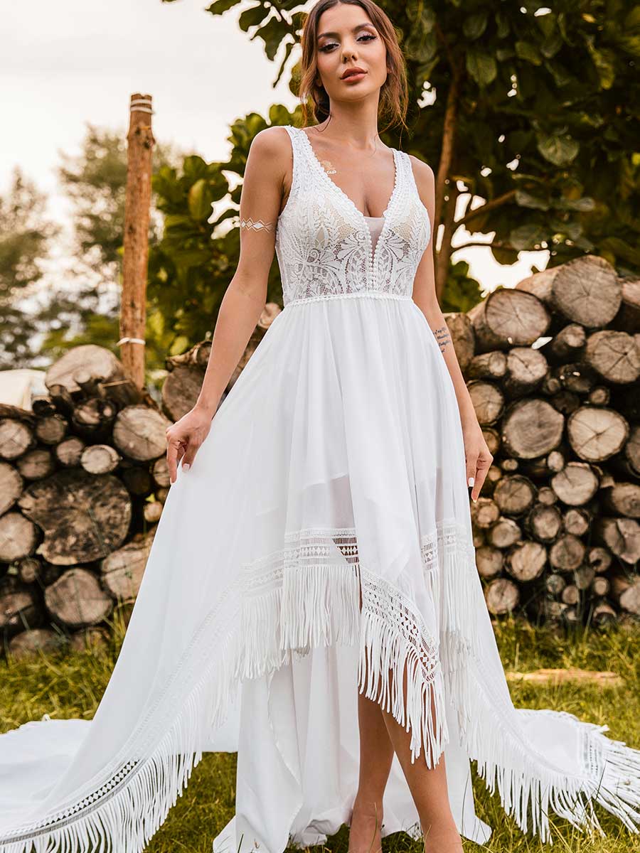 Boho High low Country Wedding Dresses V-neck A line Fringe White / Customized Boho High low Country Wedding Dresses V-neck A line Fringe White / Customized