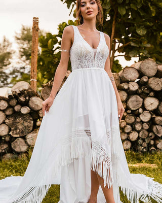 Boho Rustic A-line V-neck Sleeveless Fringe Wedding Dresses