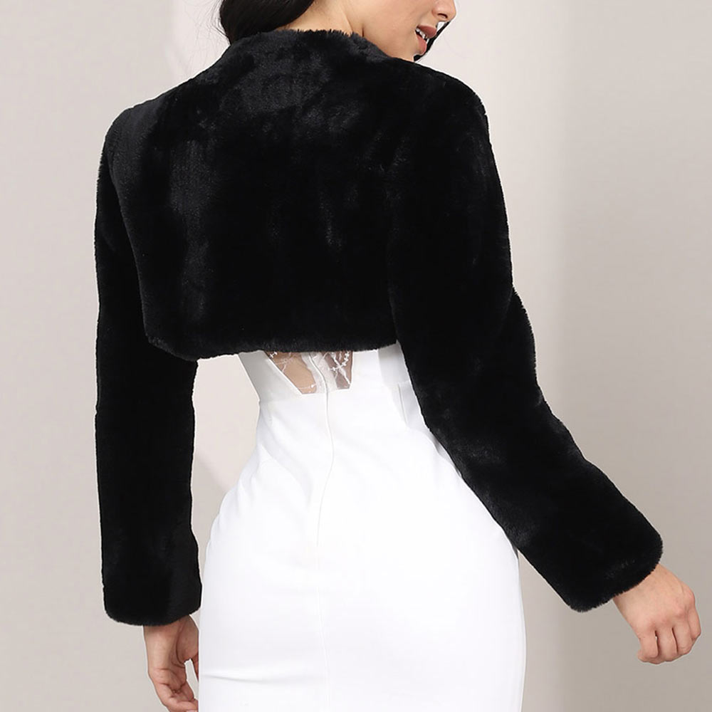 Black Long Sleeve Short Faux Fur Bolero Shrug for Evening Wear BRIDALVENUS Black Long Sleeve Short Faux Fur Bolero Shrug for Evening Wear BRIDALVENUS