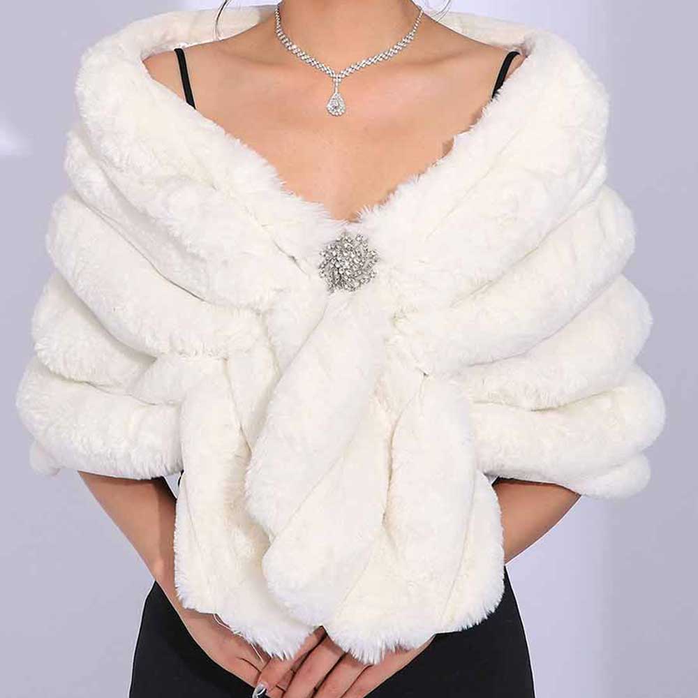 Women Wedding Faux Fur Shawl White Bridal Fur Stoles Wrap with Rhinestones Brooch for Bride and Bridesmaids